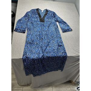 Vintage Oscar de la Renta Blue Print Caftan Dress House‎ Dress V Neck Zip Size M